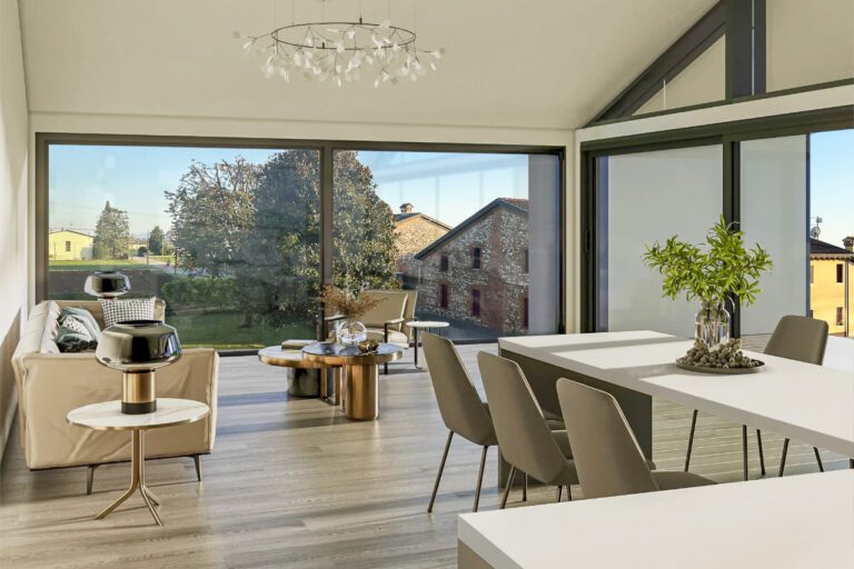 Rendering dell'interno di una casa fatta in acciaio