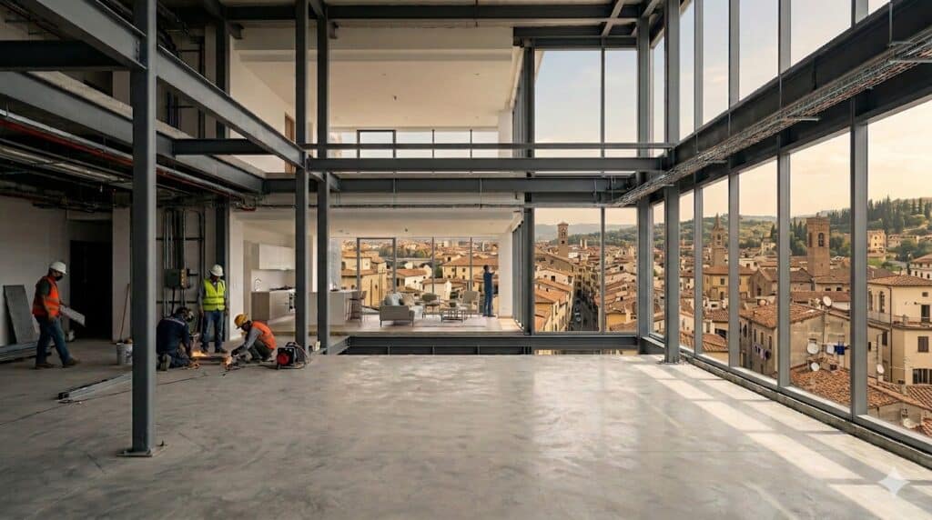 Cantiere all'interno di un edificio costruito in acciaio