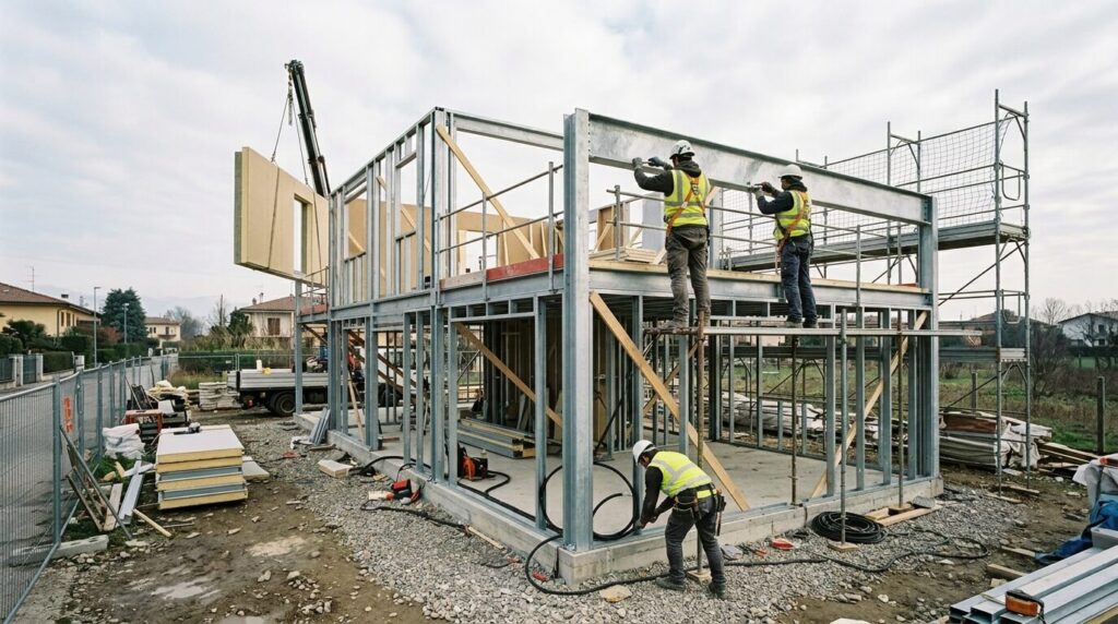 Operai al lavoro in un cantiere di una casa in acciaio gestita da un general contractor