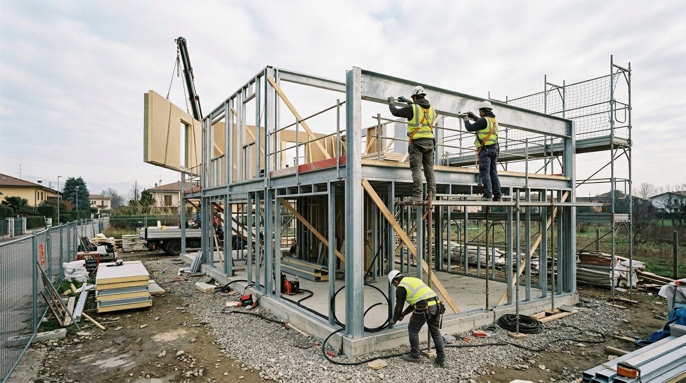 Operai al lavoro in un cantiere di una casa in acciaio gestita da un general contractor