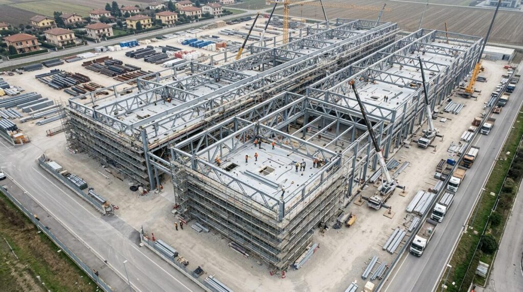 Sito di costruzione di due grandi capannoni in acciaio