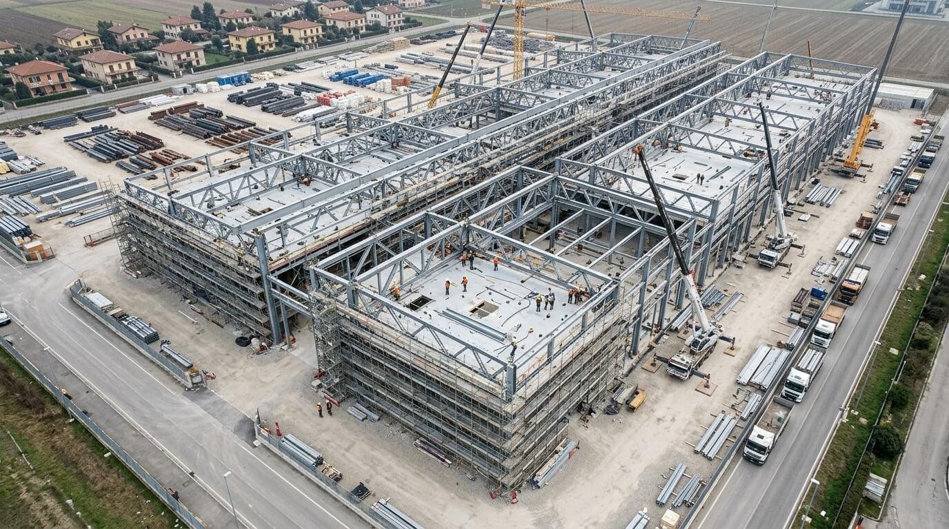 Sito di costruzione di due grandi capannoni in acciaio